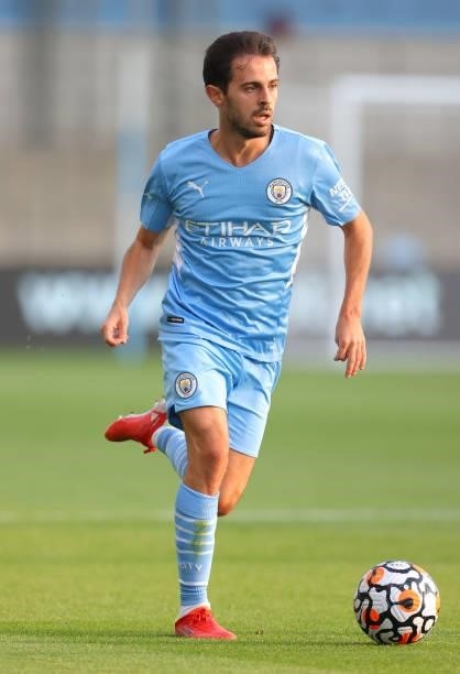 Bernardo Silva of Manchester City runs with the ball during a pre-season match between Manchester City and Blackpool at Manchester City Football...