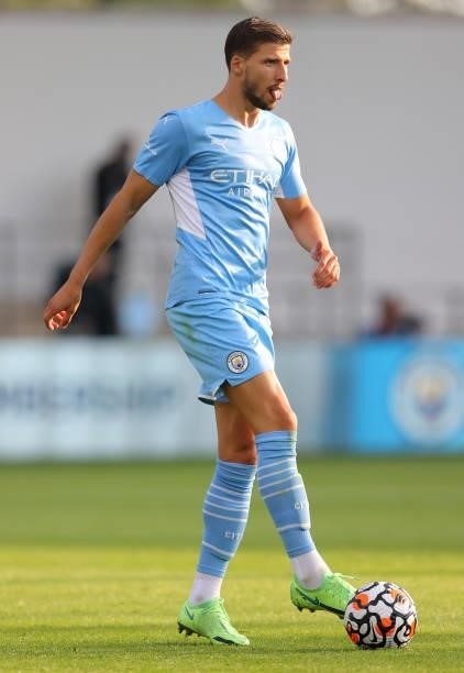 Ruben Dias of Manchester City during pre-season match between Manchester City and Blackpool at Manchester City Football Academy on August 03, 2021 in...