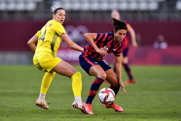 Alanna Kennedy of Australia and Carli Lloyd of the United States during the Tokyo 2020 Olympic Womens Football Tournament Bronze Medal match between...