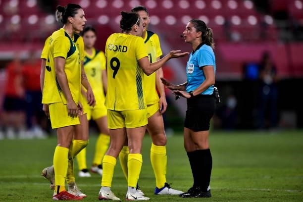 Caitlin Foord of Australia in discussion with referee Laura Fortunato of Argentina during the Tokyo 2020 Olympic Womens Football Tournament Bronze...