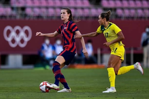 Tierna Davidson of the United States and Kyah Simon of Australia during the Tokyo 2020 Olympic Womens Football Tournament Bronze Medal match between...