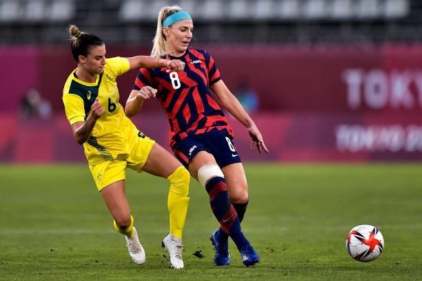 Chloe Logarzo of Australia and Julie Ertz of the United States during the Tokyo 2020 Olympic Womens Football Tournament Bronze Medal match between...