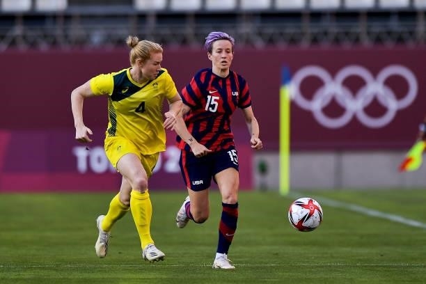 Clare Polkinghorne of Australia and Megan Rapinoe of the United States during the Tokyo 2020 Olympic Womens Football Tournament Bronze Medal match...
