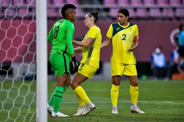 Caitlin Foord of Australia just scored her sides second goal past Adrianna Franch of the United States during the Tokyo 2020 Olympic Womens Football...