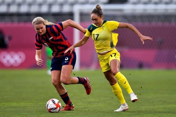 Lindsey Horan of the United States and Kyah Simon of Australia during the Tokyo 2020 Olympic Womens Football Tournament Bronze Medal match between...