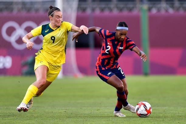 Caitlin Foord of Australia and Crystal Dunn of the United States during the Tokyo 2020 Olympic Womens Football Tournament Bronze Medal match between...