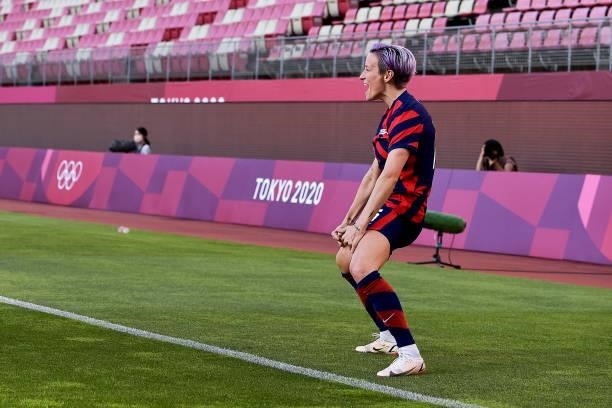 Megan Rapinoe of the United States celebrates after scoring her team first goal during the Tokyo 2020 Olympic Womens Football Tournament Bronze Medal...