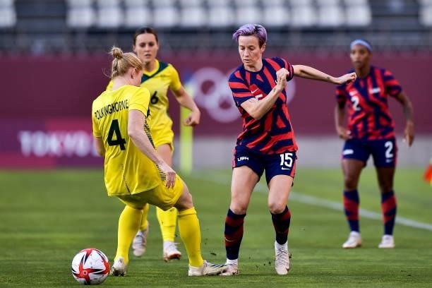 Megan Rapinoe of the United States is challenged during the Tokyo 2020 Olympic Womens Football Tournament Bronze Medal match between Australia and...