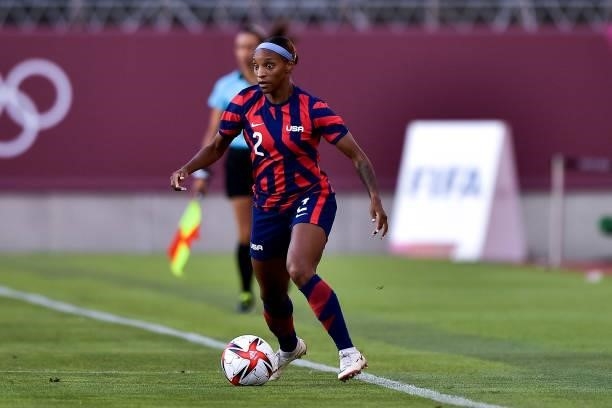 Crystal Dunn of the United States controls the ball during the Tokyo 2020 Olympic Womens Football Tournament Bronze Medal match between Australia and...