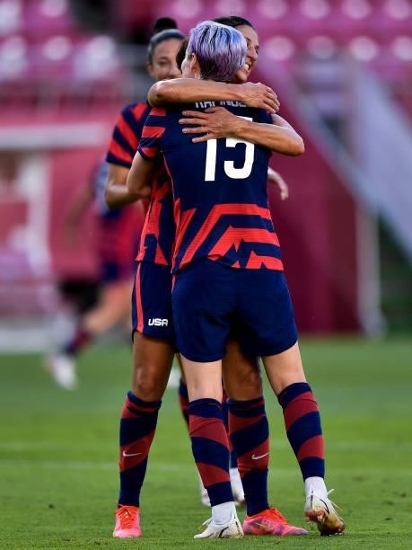 Megan Rapinoe with Christen Press of the United States celebrates after scoring her team second goal during the Tokyo 2020 Olympic Womens Football...
