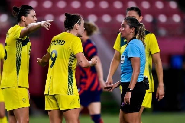 Caitlin Foord of Australia in discussion with referee Laura Fortunato of Argentina during the Tokyo 2020 Olympic Womens Football Tournament Bronze...