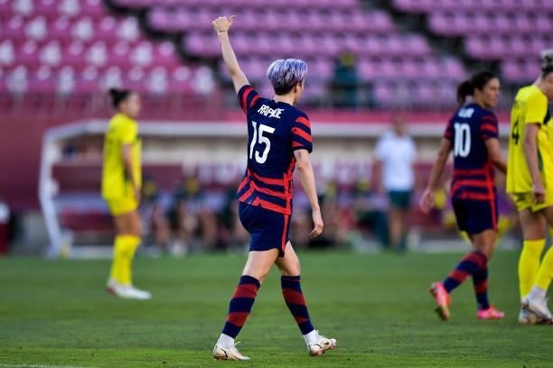 Megan Rapinoe of the United States celebrates after scoring her team second goal during the Tokyo 2020 Olympic Womens Football Tournament Bronze...