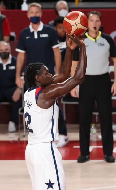 Jrue Holiday of USA during the Men's Semifinal Basketball game between United States and Australia on day thirteen of the Tokyo 2020 Olympic Games at...
