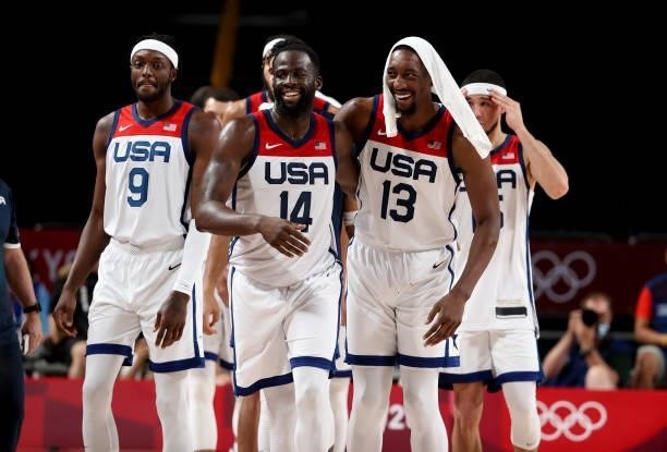 Houston Grant, Draymond Green, Bam Adebayo of USA celebrate the victory after the Men's Semifinal Basketball game between United States and Australia...