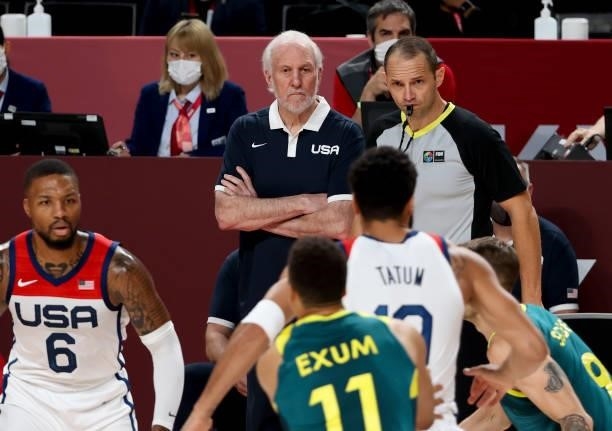 Coach of Team USA Gregg Popovich during the Men's Semifinal game between United States and Australia on day thirteen of the Tokyo 2020 Olympic Games...