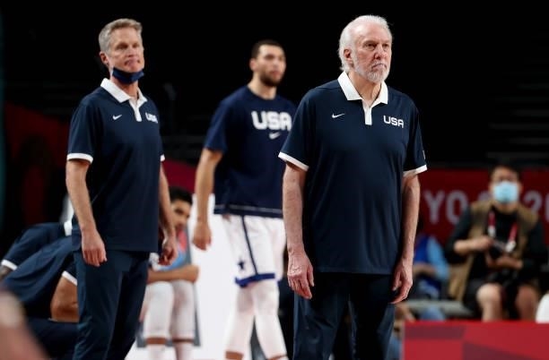 Coach of Team USA Gregg Popovich, assistant-coach Steve Kerr during the Men's Semifinal game between United States and Australia on day thirteen of...