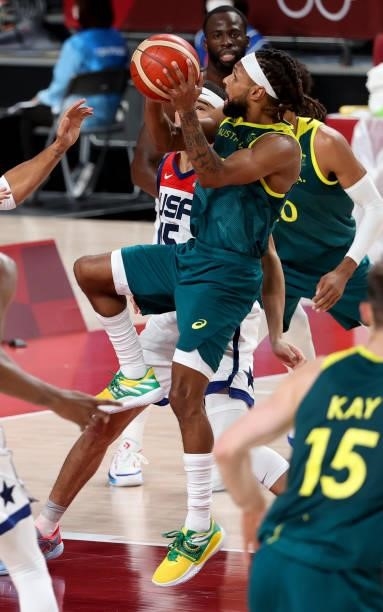 Patty Mills of Australia during the Men's Semifinal Basketball game between United States and Australia on day thirteen of the Tokyo 2020 Olympic...