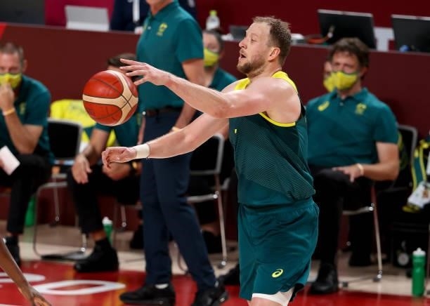 Joe Ingles of Australia during the Men's Semifinal Basketball game between United States and Australia on day thirteen of the Tokyo 2020 Olympic...