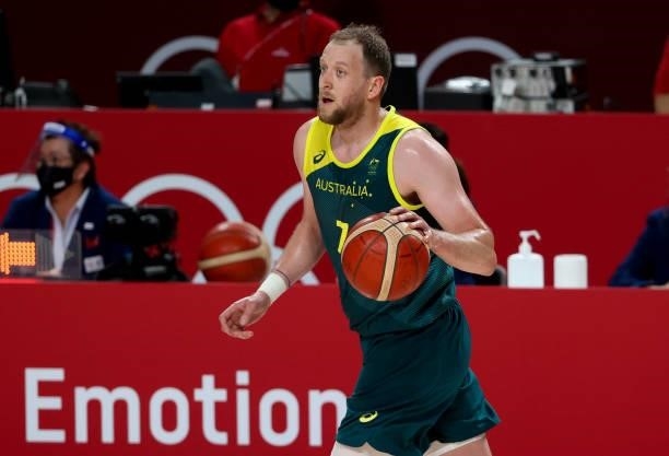 Joe Ingles of Australia during the Men's Semifinal Basketball game between United States and Australia on day thirteen of the Tokyo 2020 Olympic...