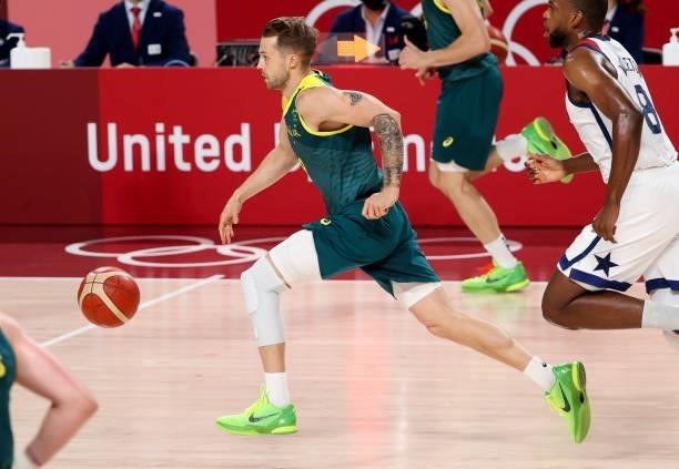 Nathan Sobey of Australia during the Men's Semifinal Basketball game between United States and Australia on day thirteen of the Tokyo 2020 Olympic...