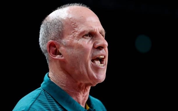 Coach of Australia Brian Warwick Goorjian during the Men's Semifinal Basketball game between United States and Australia on day thirteen of the Tokyo...