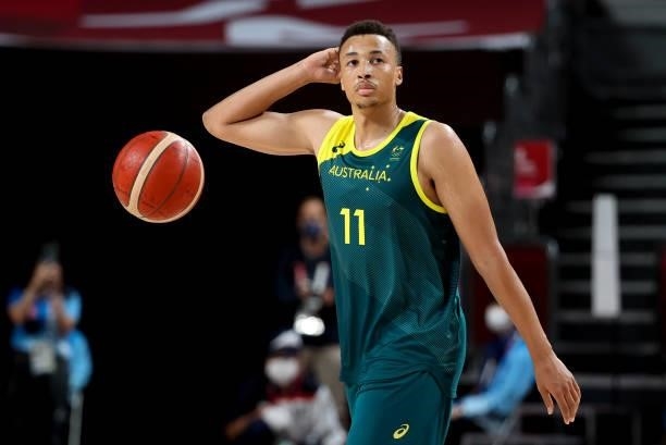 Dante Exum of Australia during the Men's Semifinal Basketball game between United States and Australia on day thirteen of the Tokyo 2020 Olympic...