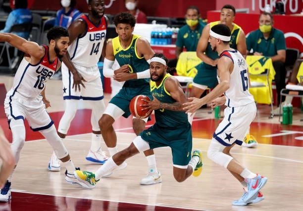 Patty Mills of Australia during the Men's Semifinal Basketball game between United States and Australia on day thirteen of the Tokyo 2020 Olympic...