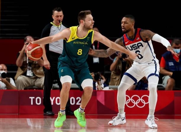 Matthew Dellavedova of Australia, Damian Lillard of USA during the Men's Semifinal Basketball game between United States and Australia on day...