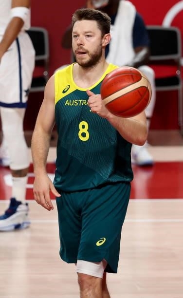 Matthew Dellavedova of Australia during the Men's Semifinal Basketball game between United States and Australia on day thirteen of the Tokyo 2020...