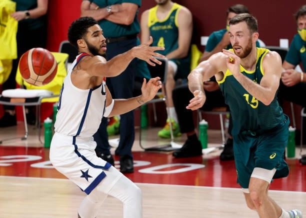Nic Kay of Australia, Jayson Tatum of USA during the Men's Semifinal Basketball game between United States and Australia on day thirteen of the Tokyo...