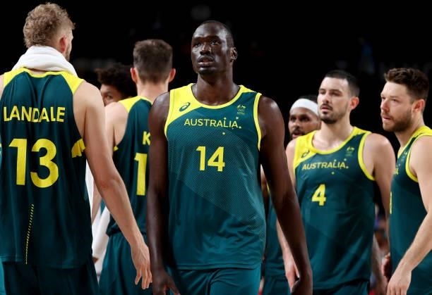 Duop Thomas Reath of Australia during the Men's Semifinal Basketball game between United States and Australia on day thirteen of the Tokyo 2020...