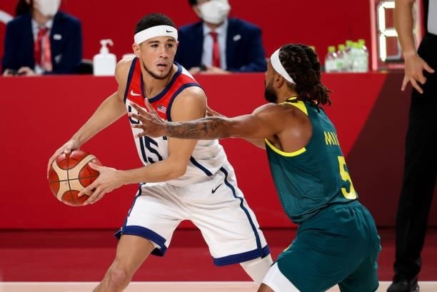 Devin Booker of USA during the Men's Semifinal Basketball game between United States and Australia on day thirteen of the Tokyo 2020 Olympic Games at...