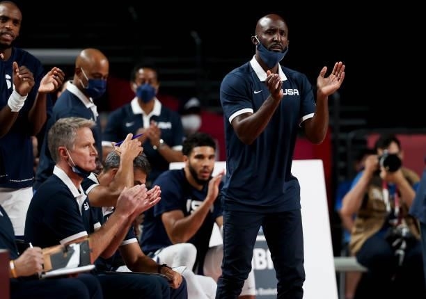 Assistant"u2014coach of Team USA Lloyd Pierce, assistant-coach Steve Kerr during the Men's Semifinal game between United States and Australia on day...