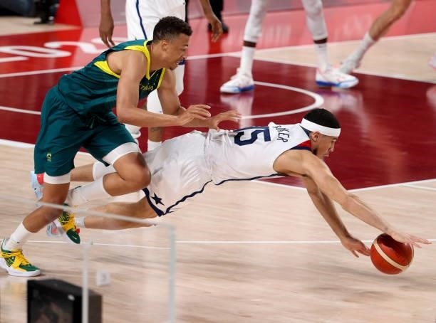 Devin Booker of USA, Dante Exum of Australia during the Men's Semifinal Basketball game between United States and Australia on day thirteen of the...