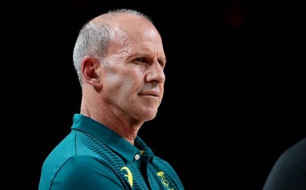 Coach of Australia Brian Warwick Goorjian during the Men's Semifinal Basketball game between United States and Australia on day thirteen of the Tokyo...