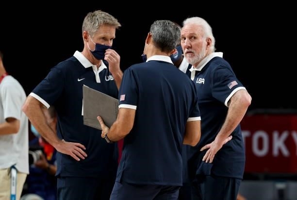 Coach of Team USA Gregg Popovich, assistant-coach Steve Kerr during the Men's Semifinal game between United States and Australia on day thirteen of...