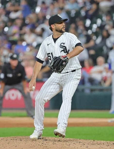Ryan Tepera of the Chicago White Sox pitches against the Kansas City Royals at Guaranteed Rate Field on August 03, 2021 in Chicago, Illinois. The...