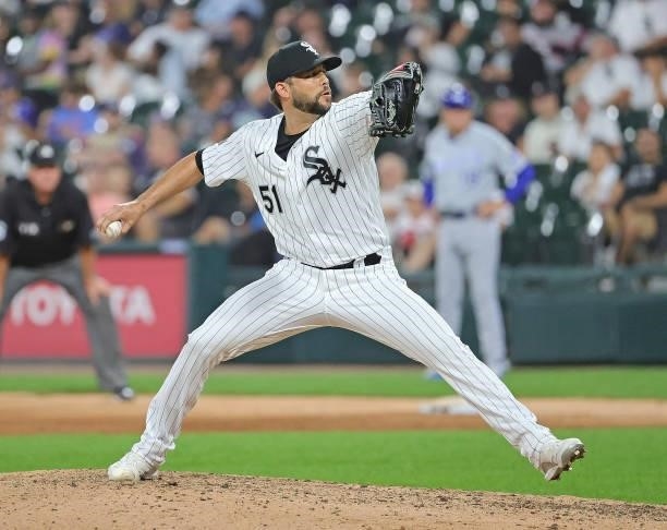 Ryan Tepera of the Chicago White Sox pitches against the Kansas City Royals at Guaranteed Rate Field on August 03, 2021 in Chicago, Illinois. The...