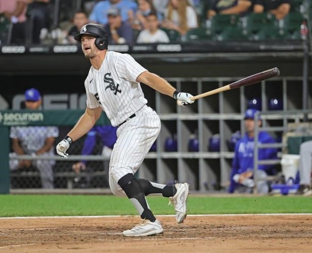 Adam Engel of the Chicago White Sox bats against the Kansas City Royals at Guaranteed Rate Field on August 03, 2021 in Chicago, Illinois. The White...