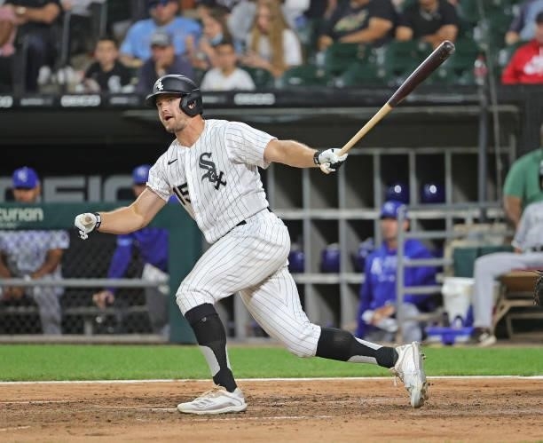 Adam Engel of the Chicago White Sox bats against the Kansas City Royals at Guaranteed Rate Field on August 03, 2021 in Chicago, Illinois. The White...