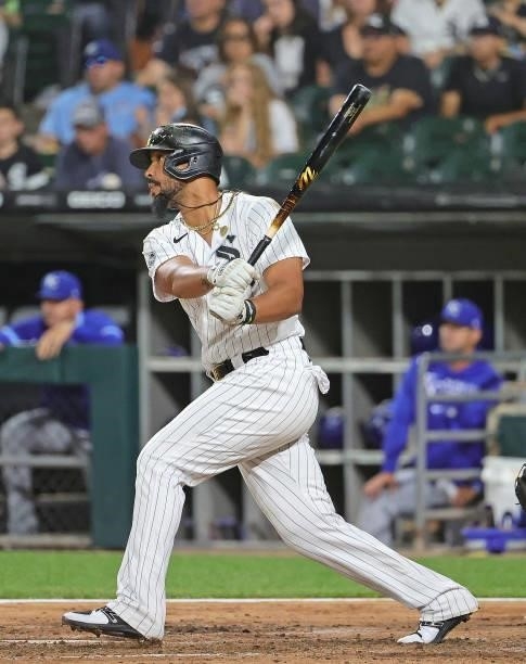 Jose Abreu of the Chicago White Sox bats against the Kansas City Royals at Guaranteed Rate Field on August 03, 2021 in Chicago, Illinois. The White...