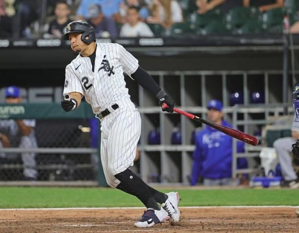 Cesar Hernandez of the Chicago White Sox bats against the Kansas City Royals at Guaranteed Rate Field on August 03, 2021 in Chicago, Illinois. The...