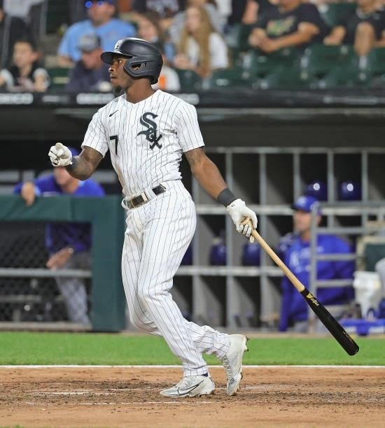 Tim Anderson of the Chicago White Sox bats against the Kansas City Royals at Guaranteed Rate Field on August 03, 2021 in Chicago, Illinois. The White...