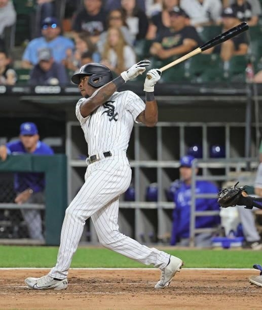 Tim Anderson of the Chicago White Sox bats against the Kansas City Royals at Guaranteed Rate Field on August 03, 2021 in Chicago, Illinois. The White...