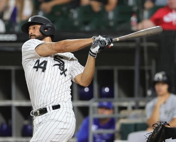 Seby Zavala of the Chicago White Sox bats against the Kansas City Royals at Guaranteed Rate Field on August 03, 2021 in Chicago, Illinois. The White...