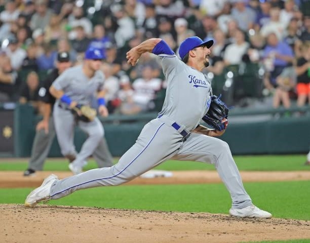 Kyle Zimmer of the Kansas City Royals pitches against the Chicago White Sox at Guaranteed Rate Field on August 03, 2021 in Chicago, Illinois. The...