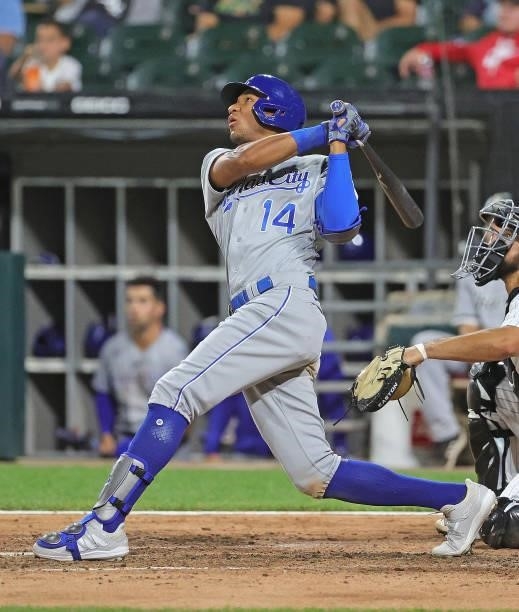 Edward Olivares of the Kansas City Royals bats against the Chicago White Sox at Guaranteed Rate Field on August 03, 2021 in Chicago, Illinois. The...