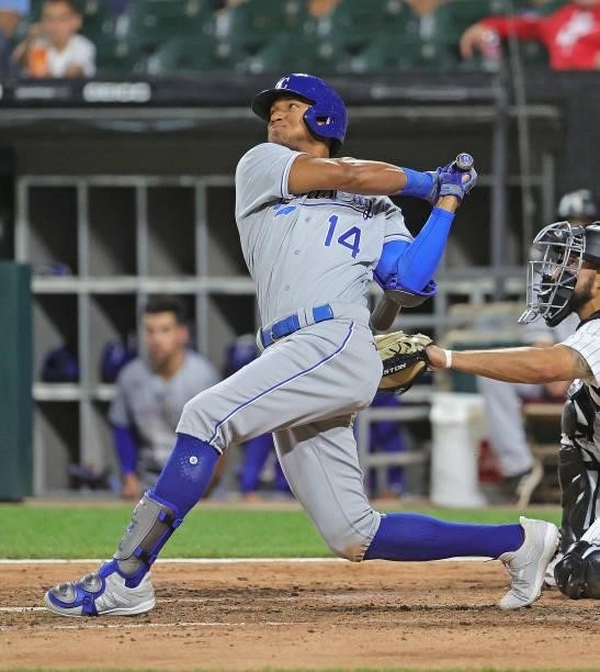 Edward Olivares of the Kansas City Royals bats against the Chicago White Sox at Guaranteed Rate Field on August 03, 2021 in Chicago, Illinois. The...
