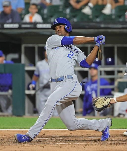 Michael A. Taylor of the Kansas City Royals bats against the Chicago White Sox at Guaranteed Rate Field on August 03, 2021 in Chicago, Illinois. The...