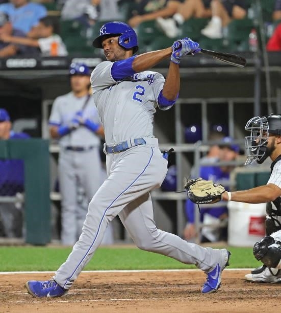 Michael A. Taylor of the Kansas City Royals bats against the Chicago White Sox at Guaranteed Rate Field on August 03, 2021 in Chicago, Illinois. The...